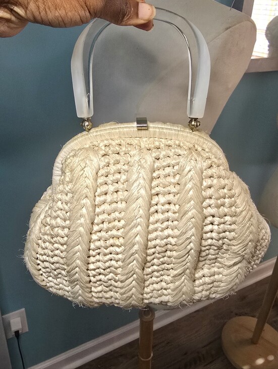 Corliss Handbags - Vintage Corliss Made in Japan Woven Cream Straw Lucite Top-Handle Bag